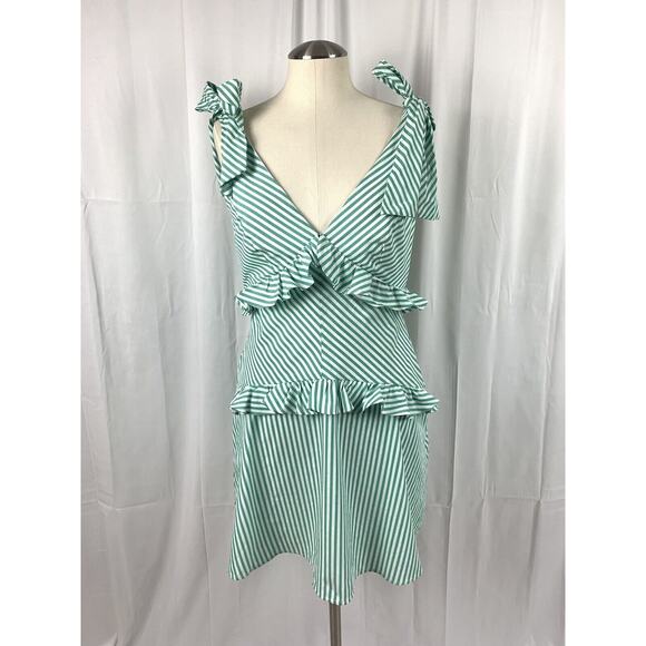 BCBGeneration Tie Shoulder Green And White Stripe Ruffle Dress 6 - Picture 4 of 16